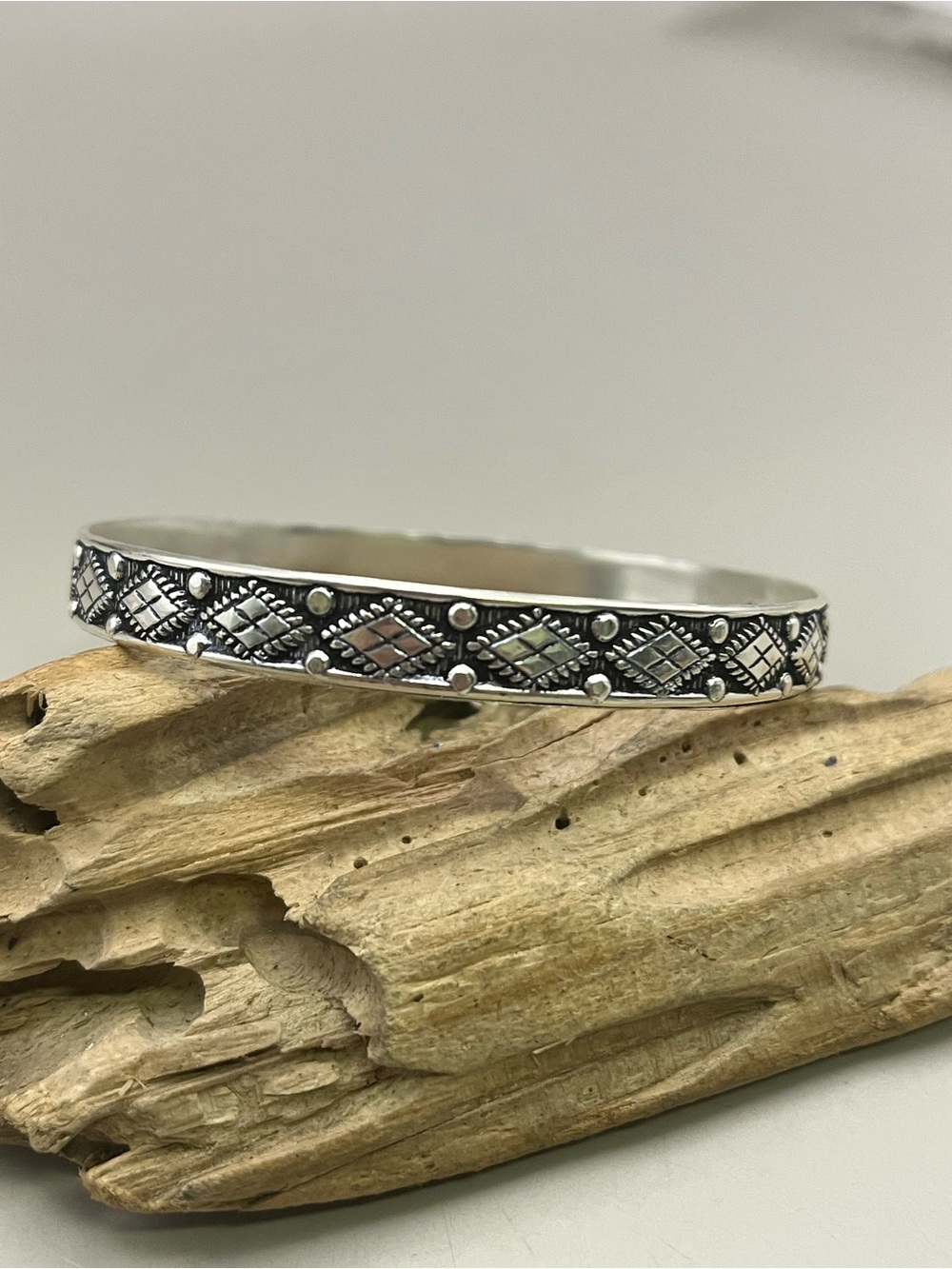 Sterling Silver Etched Pattern Bangle - Silver